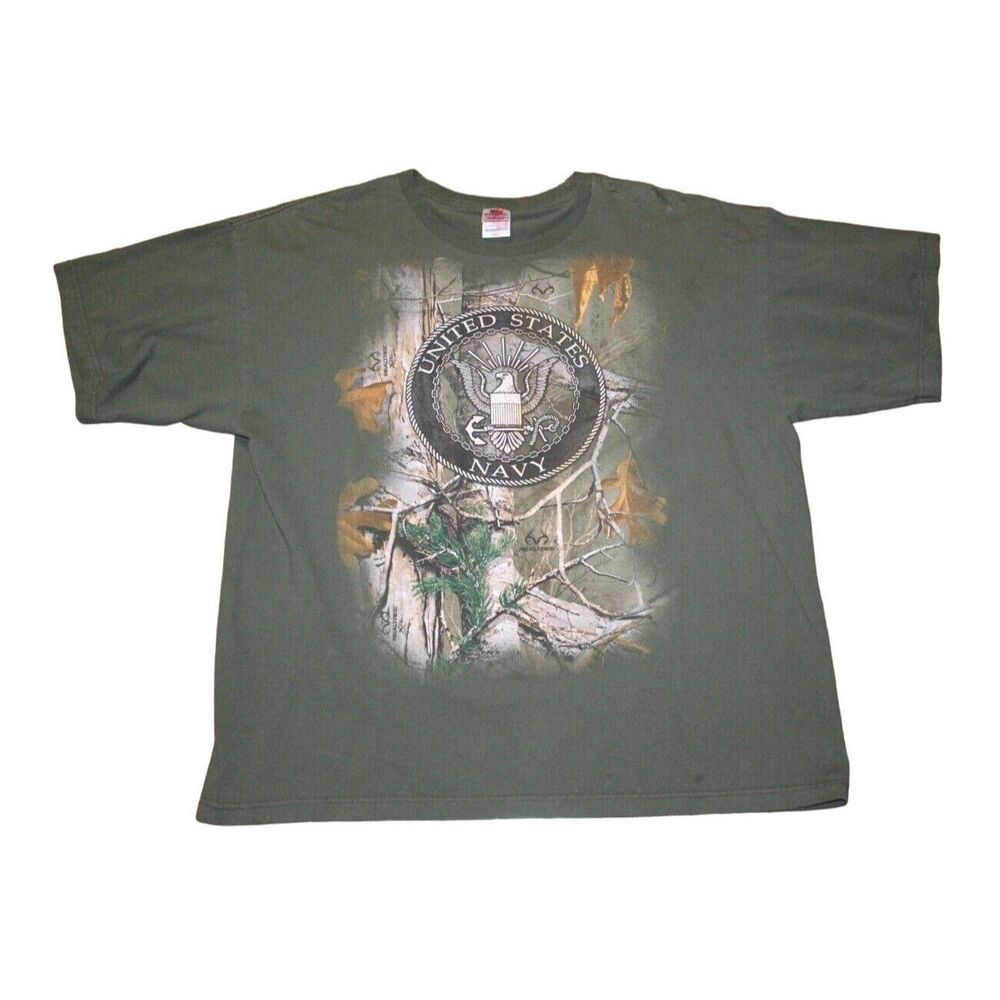 UNITED STATES NAVY REALTREE Camo Design Men's 2XL XXL Bayside Tee USA Made Green